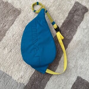KAVU Rope Bag Blue Canvas Sling Crossbody Backpack Yellow Rope Strap Adjustable